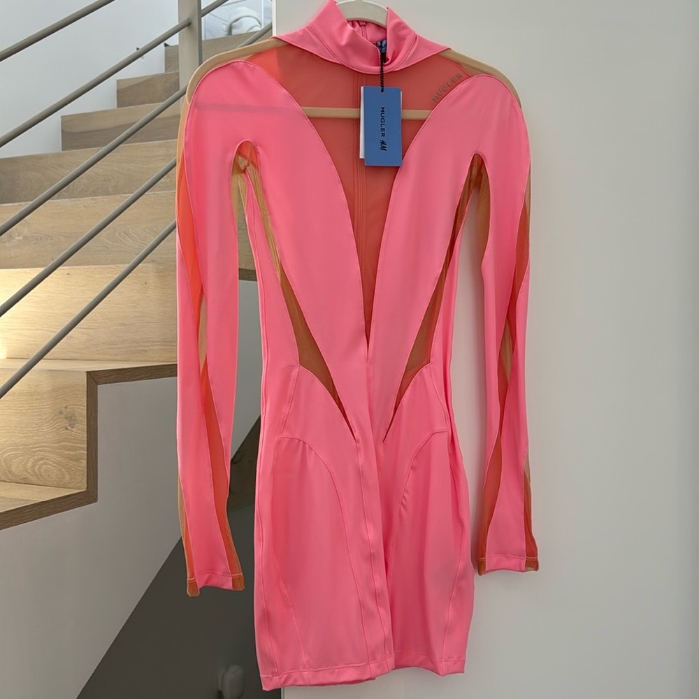 NWT MUGLER x HM Mesh Panel Mini Dress Pink Longsleeve Bodycon Mesh Cut Outs XS